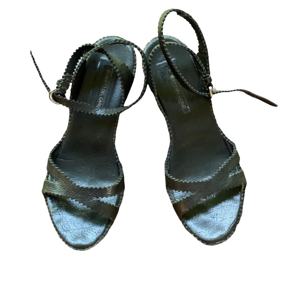 Roberto Del Carlo Black Genuine Leather Chunky Heel Sandals